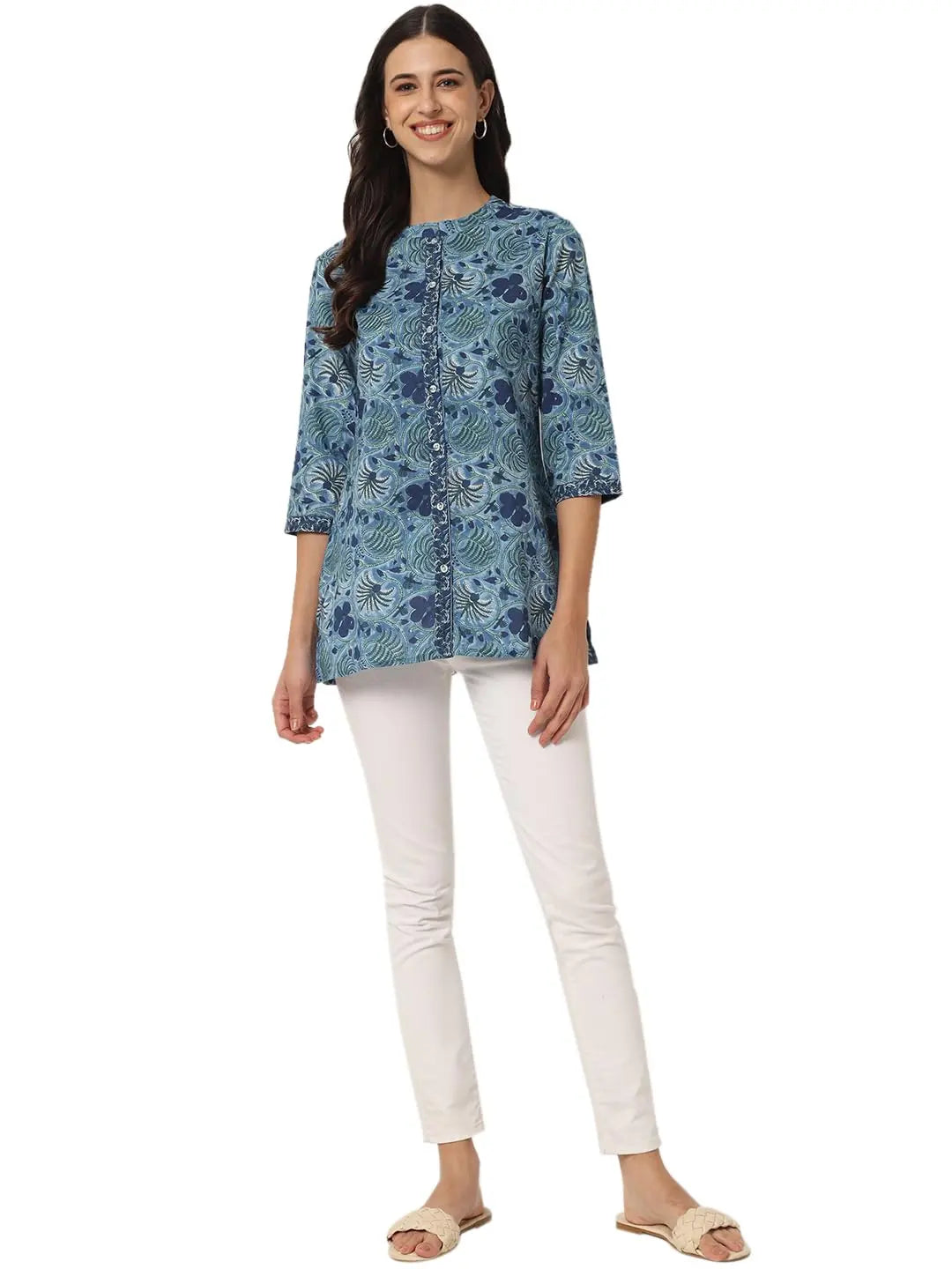 FABRIC FITOOR Women's Jaipuri Pure Cotton Floral Print Mandarin Collar 3/4th Sleeve Blue Color Shirt Top Solora