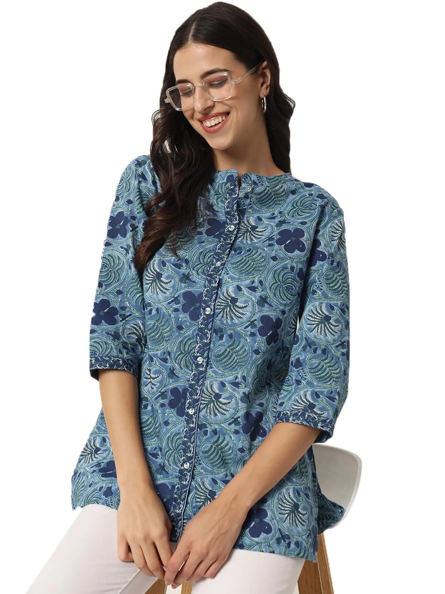 FABRIC FITOOR Women's Jaipuri Pure Cotton Floral Print Mandarin Collar 3/4th Sleeve Blue Color Shirt Top Solora