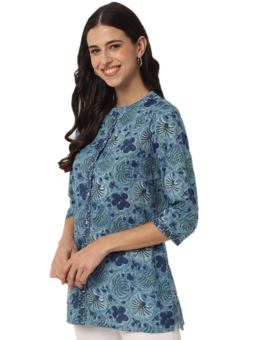 FABRIC FITOOR Women's Jaipuri Pure Cotton Floral Print Mandarin Collar 3/4th Sleeve Blue Color Shirt Top Solora