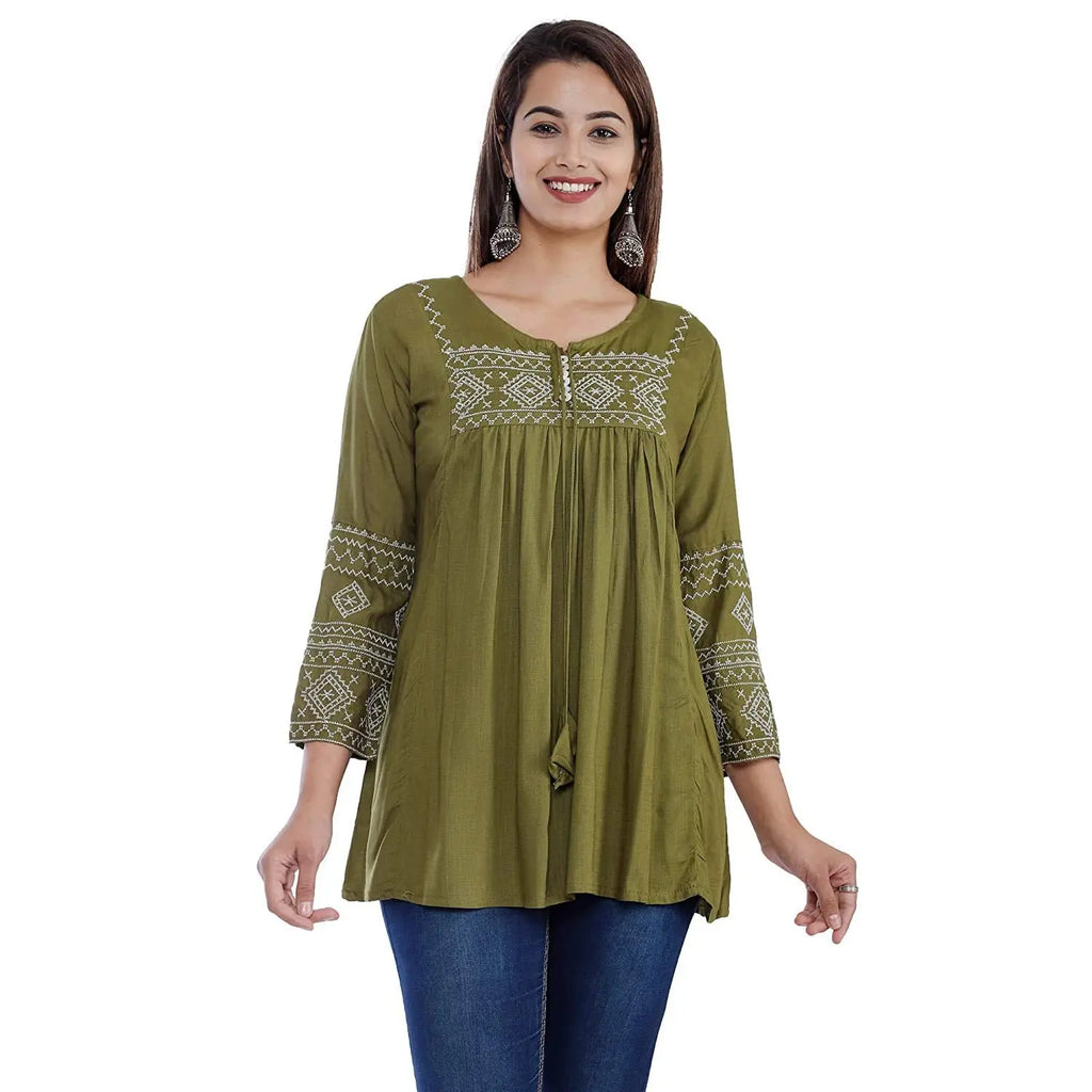 Women Embroiderd Rayon Top|Women Short Kurti|100% Rayon|Embroidery|Trendy Tops|Summer Outfit|Women Tops Sizes S,M,L,XL,2XL|Under Rs 500 Solora