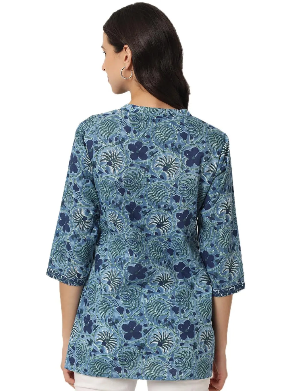 FABRIC FITOOR Women's Jaipuri Pure Cotton Floral Print Mandarin Collar 3/4th Sleeve Blue Color Shirt Top Solora