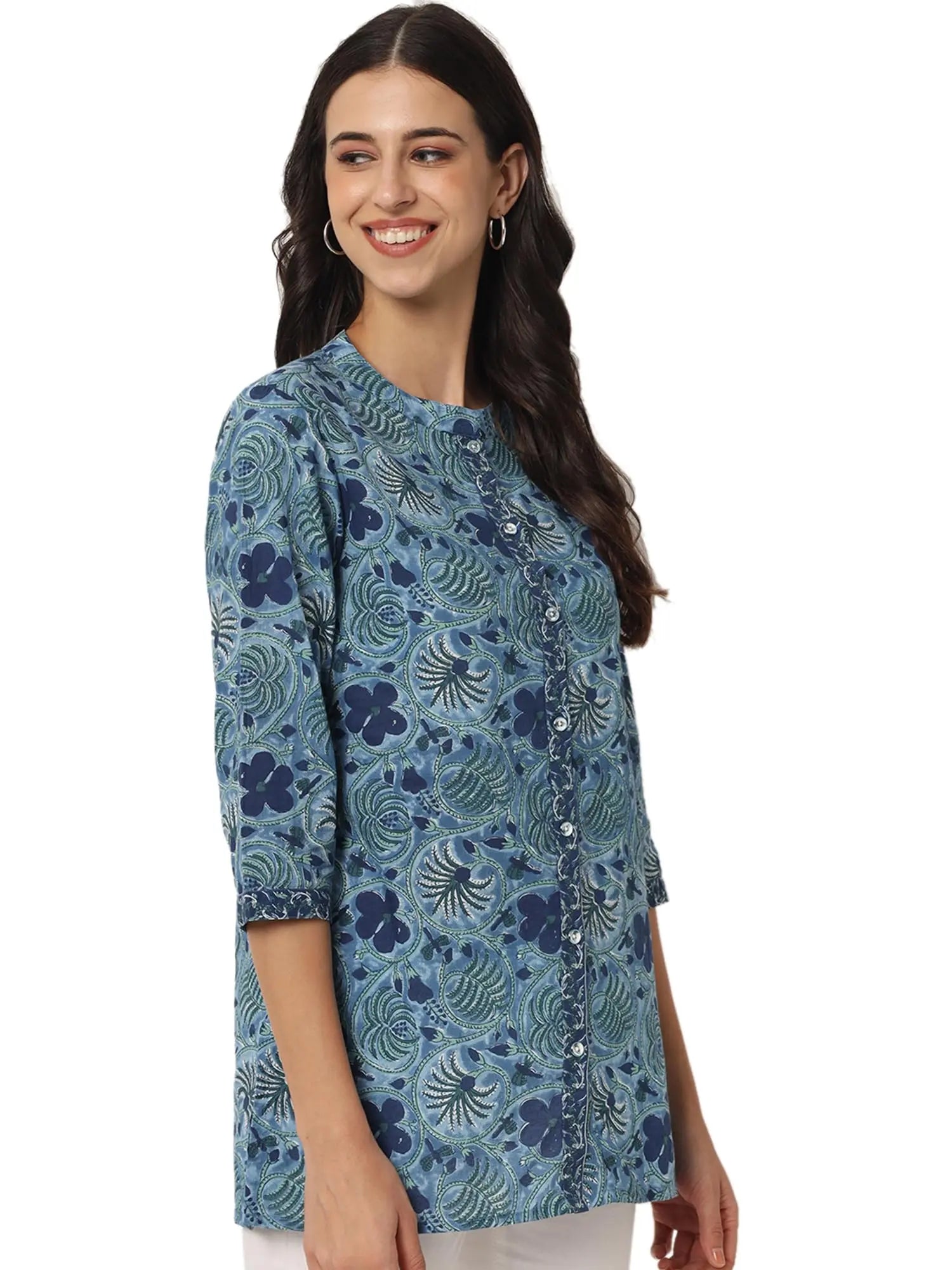 FABRIC FITOOR Women's Jaipuri Pure Cotton Floral Print Mandarin Collar 3/4th Sleeve Blue Color Shirt Top Solora
