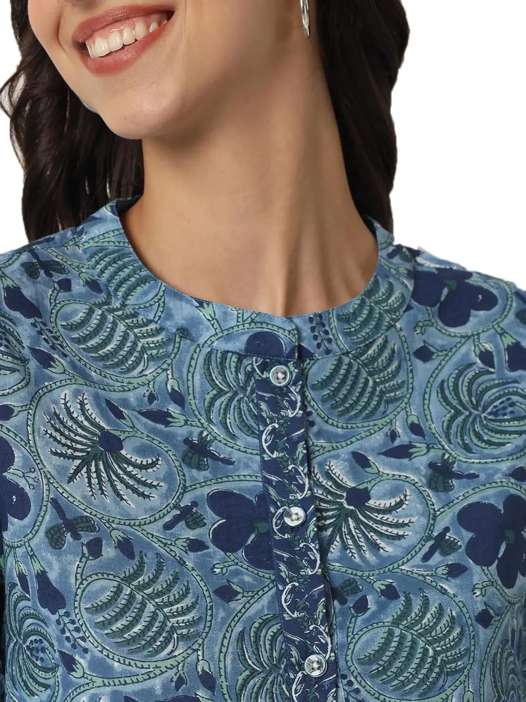 FABRIC FITOOR Women's Jaipuri Pure Cotton Floral Print Mandarin Collar 3/4th Sleeve Blue Color Shirt Top Solora