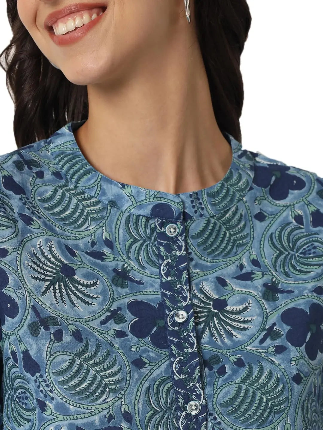 FABRIC FITOOR Women's Jaipuri Pure Cotton Floral Print Mandarin Collar 3/4th Sleeve Blue Color Shirt Top Solora