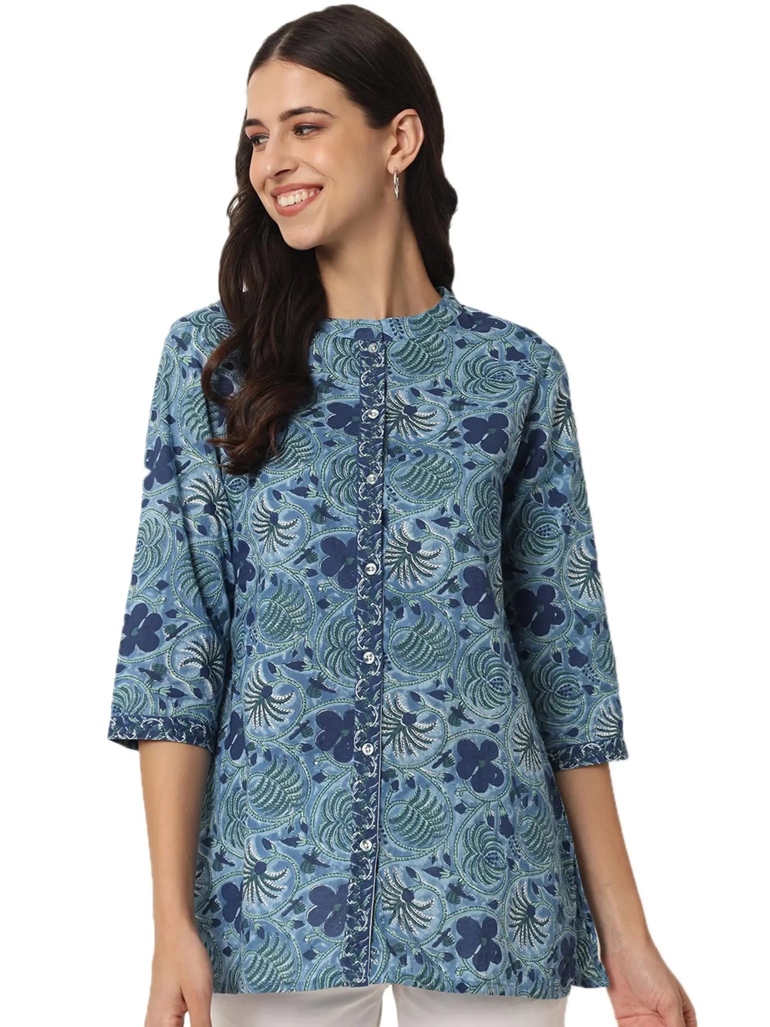 FABRIC FITOOR Women's Jaipuri Pure Cotton Floral Print Mandarin Collar 3/4th Sleeve Blue Color Shirt Top Solora