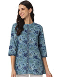 FABRIC FITOOR Women's Jaipuri Pure Cotton Floral Print Mandarin Collar 3/4th Sleeve Blue Color Shirt Top Solora