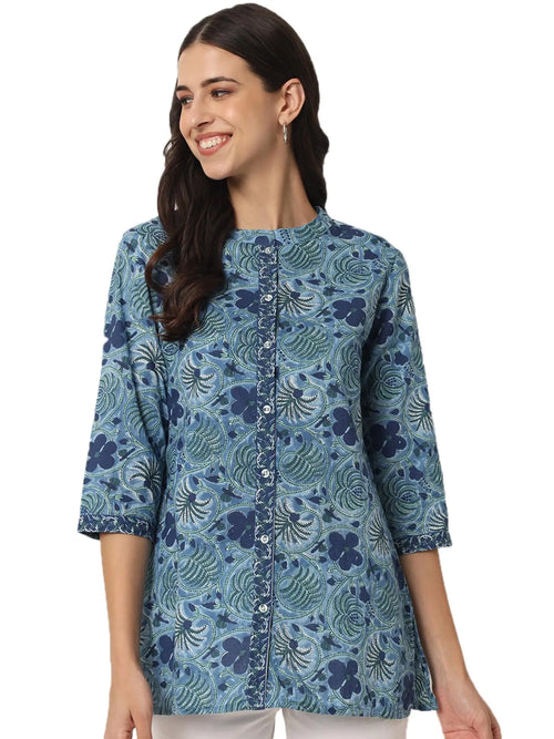FABRIC FITOOR Women's Jaipuri Pure Cotton Floral Print Mandarin Collar 3/4th Sleeve Blue Color Shirt Top Solora
